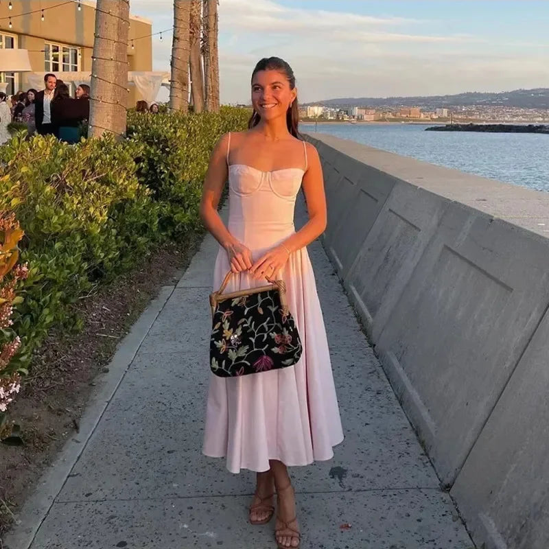 New Suspender Slim Backless Midi Dress Women Elegant Sleeveless Solid Large Hem A Line Dresses Summer Female Party Evening Robes