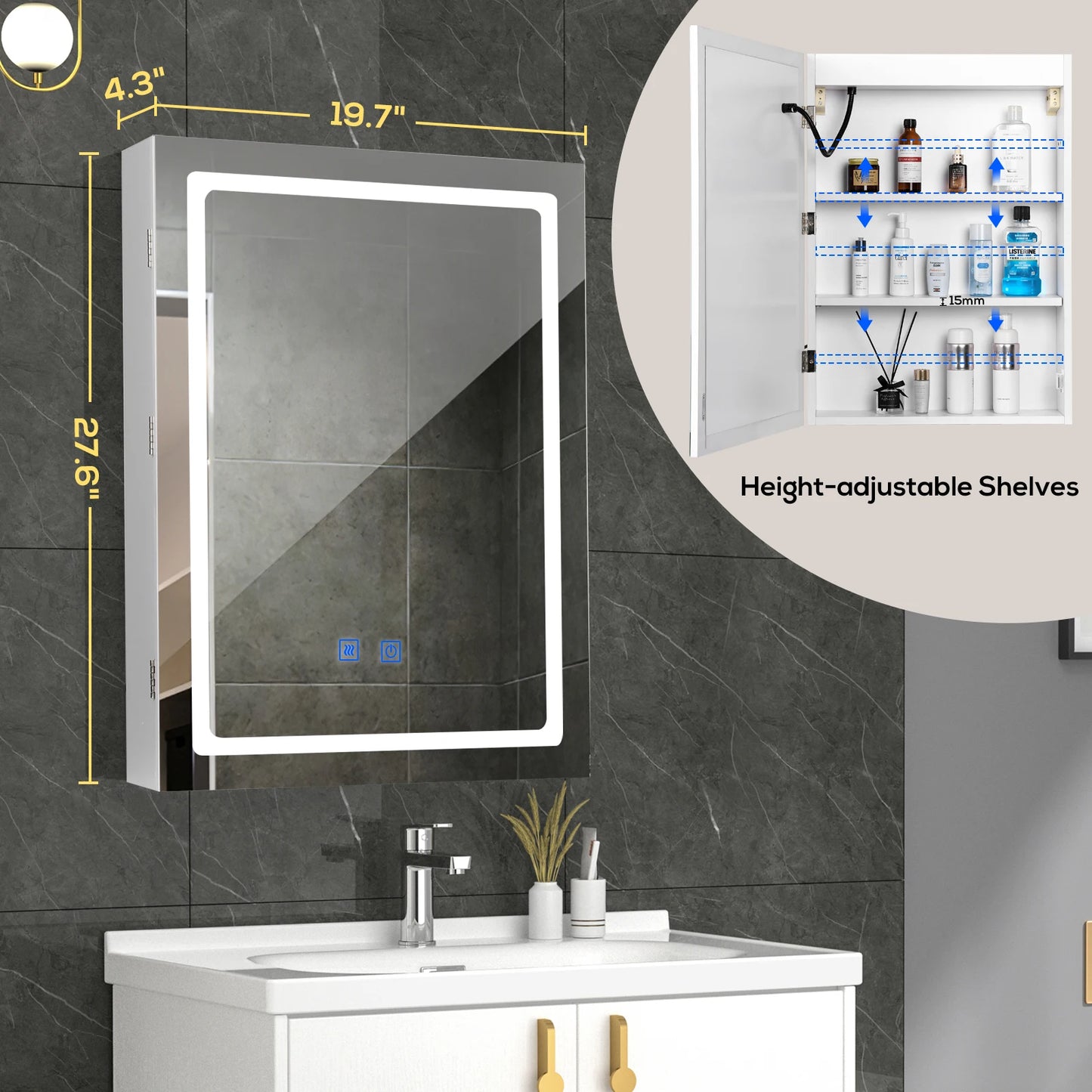 VOWNER Bathroom Medicine Cabinet with LED Lights and Mirror,  with Adjustable Shelf, Defogger, Memory 3-Color Mode, Dimmer