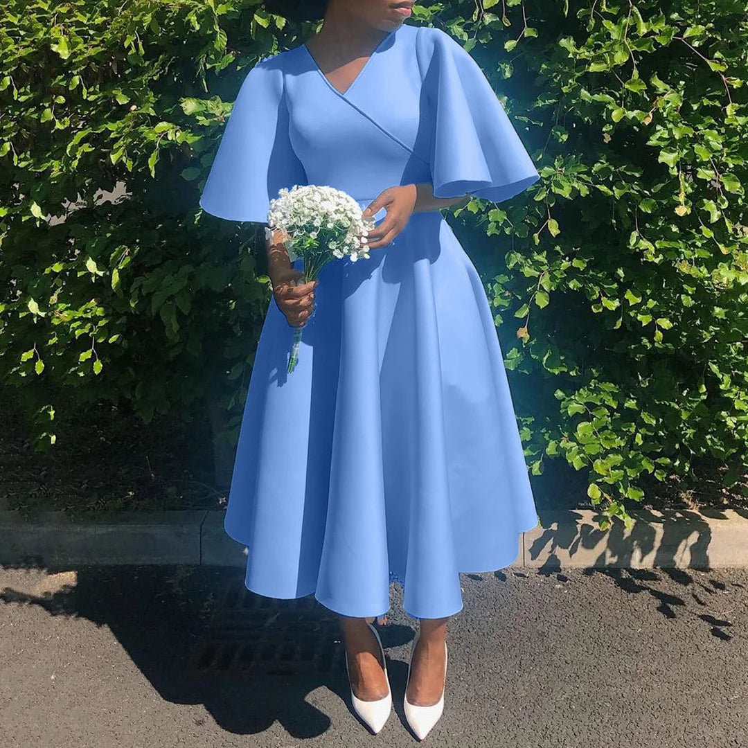 Elegant Party Dresses for Women V Neck Ruffles Sleeve High Waisted Pleated Mid Calf Luxury Birthday Dinner Vestidos Mujer Dress