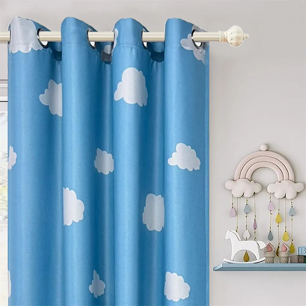 Blue Cartoon Curtains for Kids Bedroom Cloud Printed Curtains for Living Room Nursery Room Semi-Blackout Window Panel Drapes