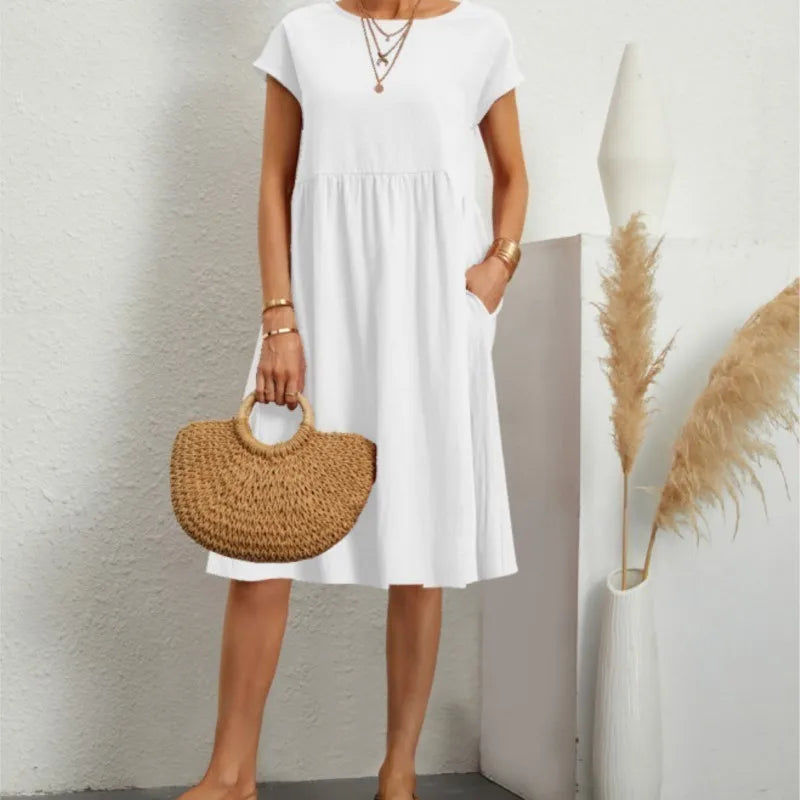 Women's Dresses 2025 Summer Fashion Casual Dresses Women Loose Mid Length Over Knee Dress New Short Sleeve Solid Dress Woman