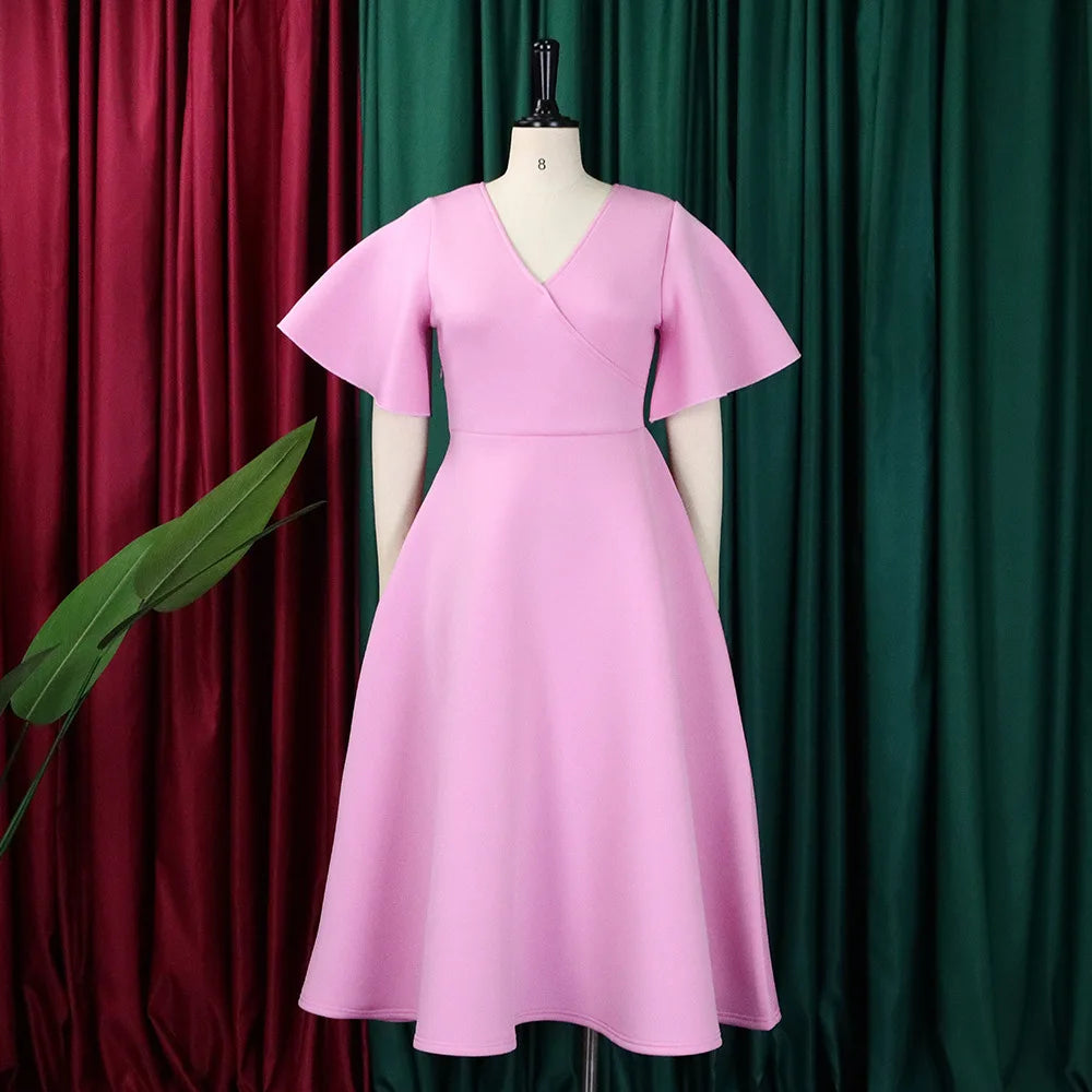 Elegant Party Dresses for Women V Neck Ruffles Sleeve High Waisted Pleated Mid Calf Luxury Birthday Dinner Vestidos Mujer Dress