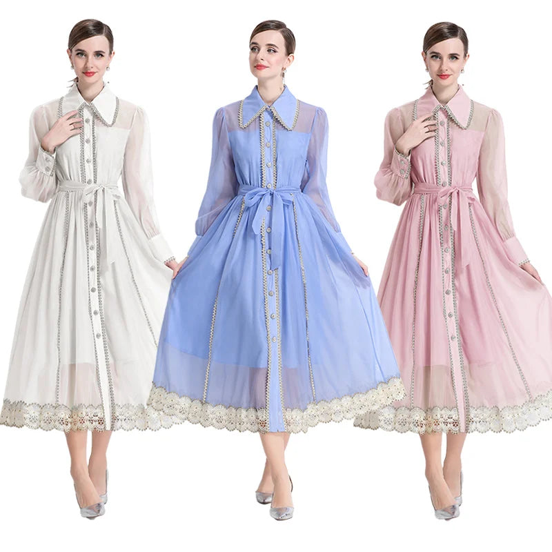 Dresses for Women Fashion Long Sleeve Turn Down Collar Women Dress White Sashes A-LINE Dress Women Vestidos De Verano Mujer Q337