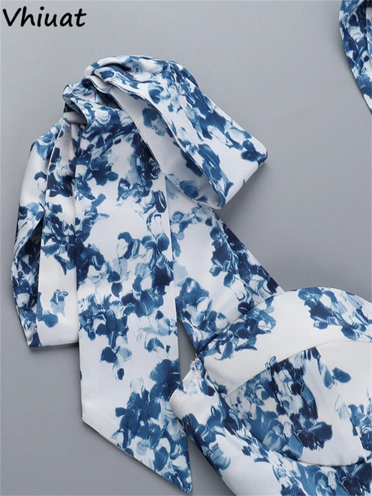 Vhiuat Blue Floral Print Cute Elegant Off Shoulder Mini A-Line Dress Lace Up Fashion Women Party Evening Dresses Summer 2024