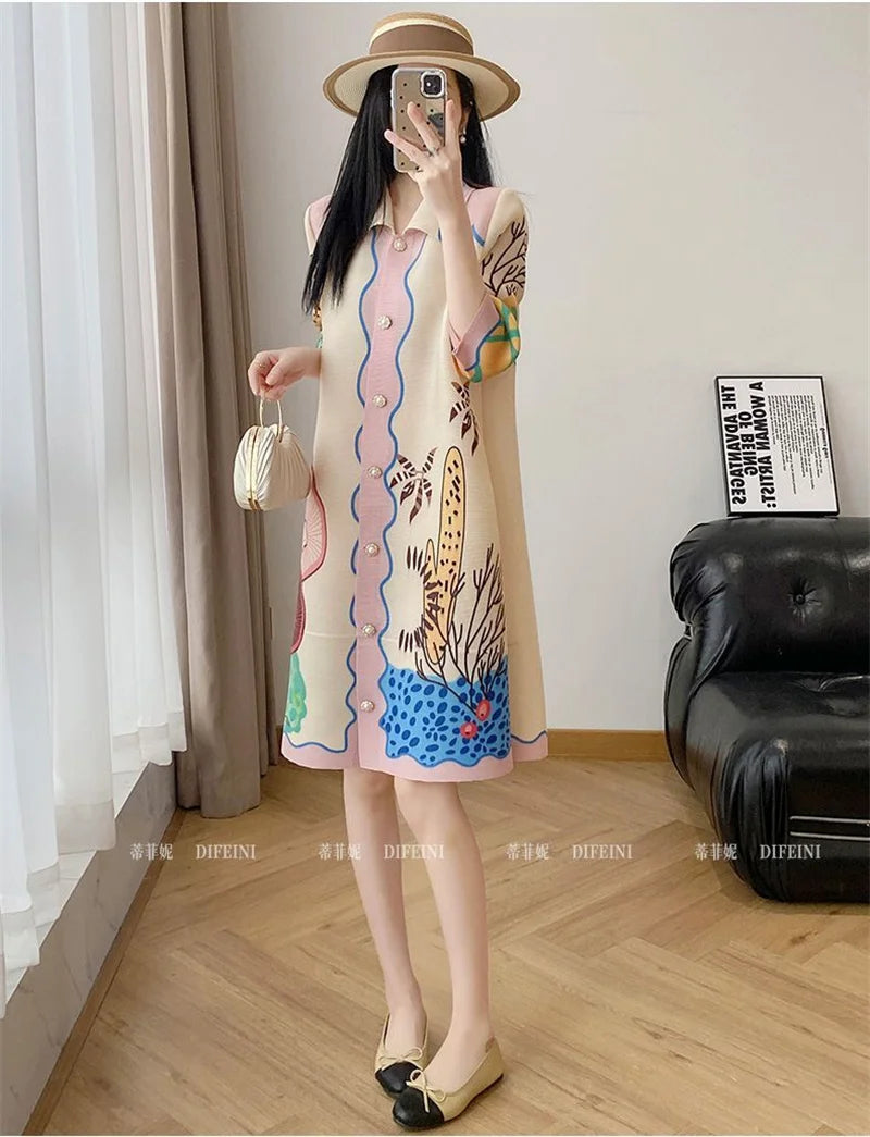 Womens Dresses Evening Dresses Beautiful Lssey Miyake Pleated Dress Summer new Fashion Lapel Loose Slim Long Print Fat mm Skirt