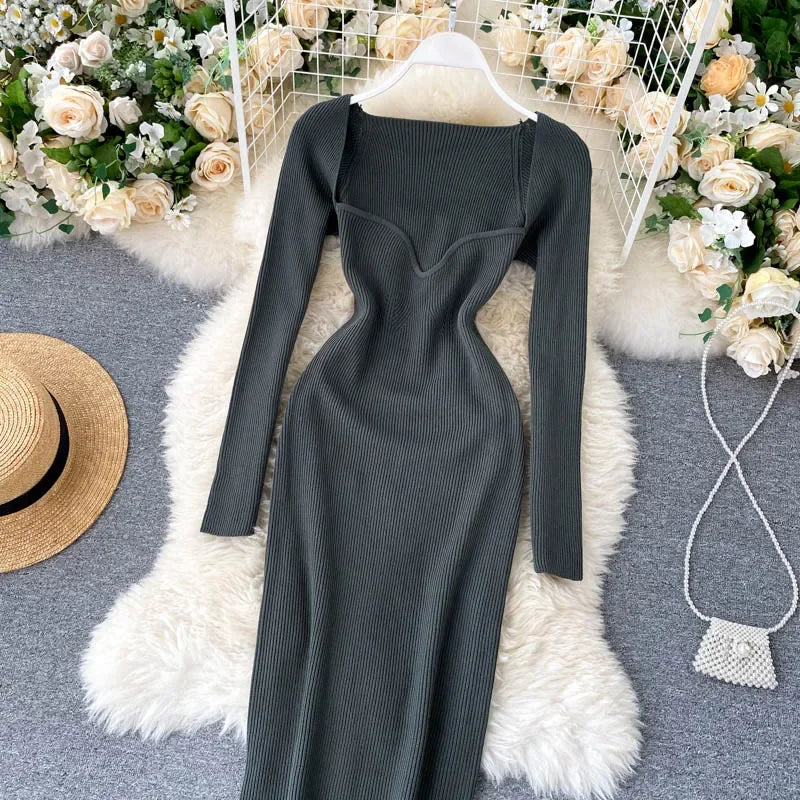 Dresses For Women 2026 Sexy Strapless Ribbed Knitted Bodycon Dress Women Winter Long Sleeve Midi Sweater Dress Clothes