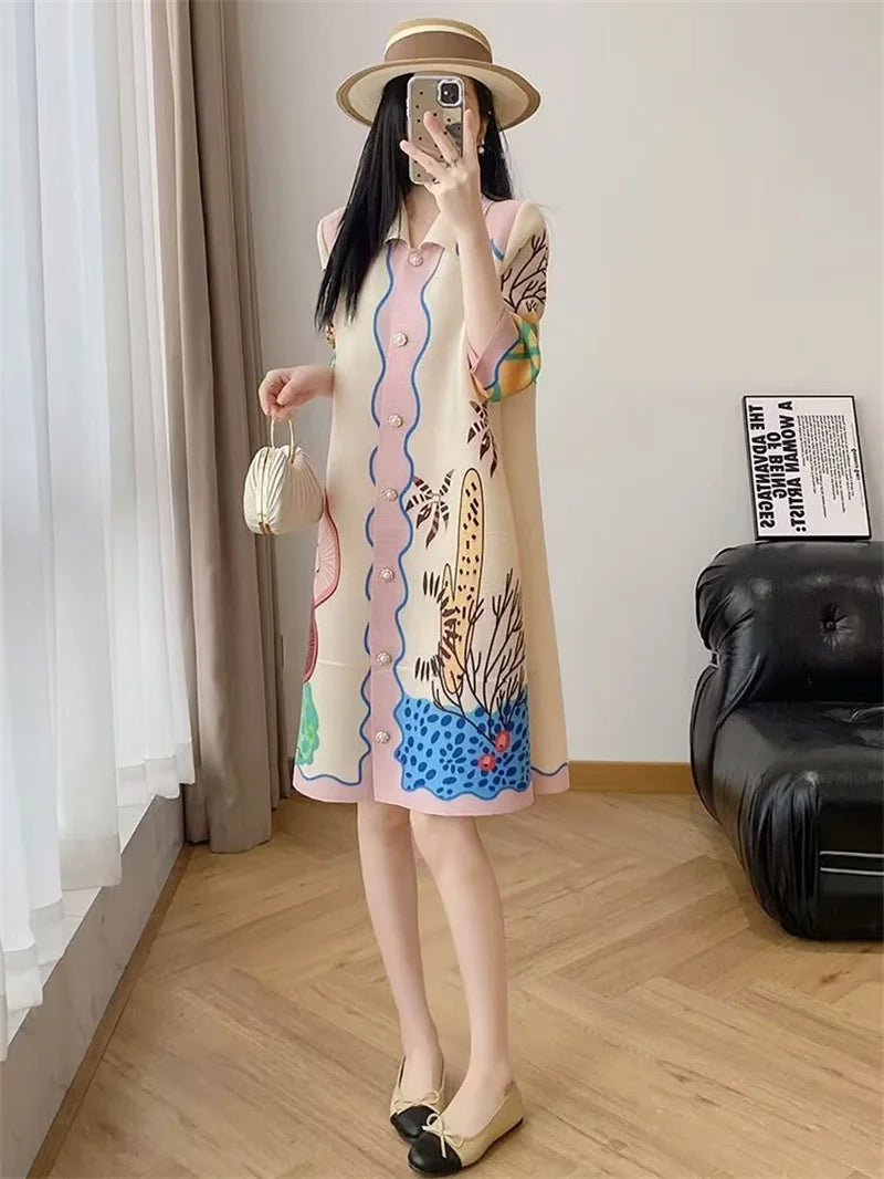 Womens Dresses Evening Dresses Beautiful Lssey Miyake Pleated Dress Summer new Fashion Lapel Loose Slim Long Print Fat mm Skirt
