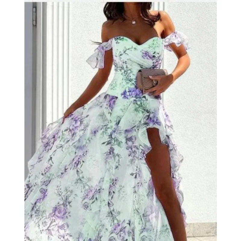 Elegant Party Dresses for Women 25 New Casual Fashion Print Trend Sexy Spicy Girl Off Shoulder Strap Split Waist Dress Vacation