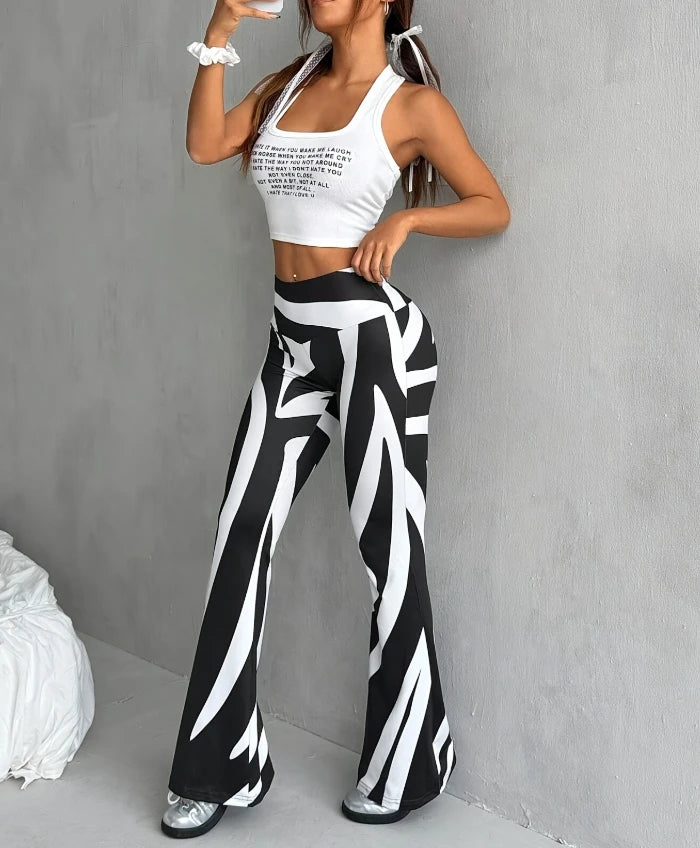 2025 Women Casual Joggers Tech Pants Fashionable Printed High Waisted Casual Flared Pants for Women