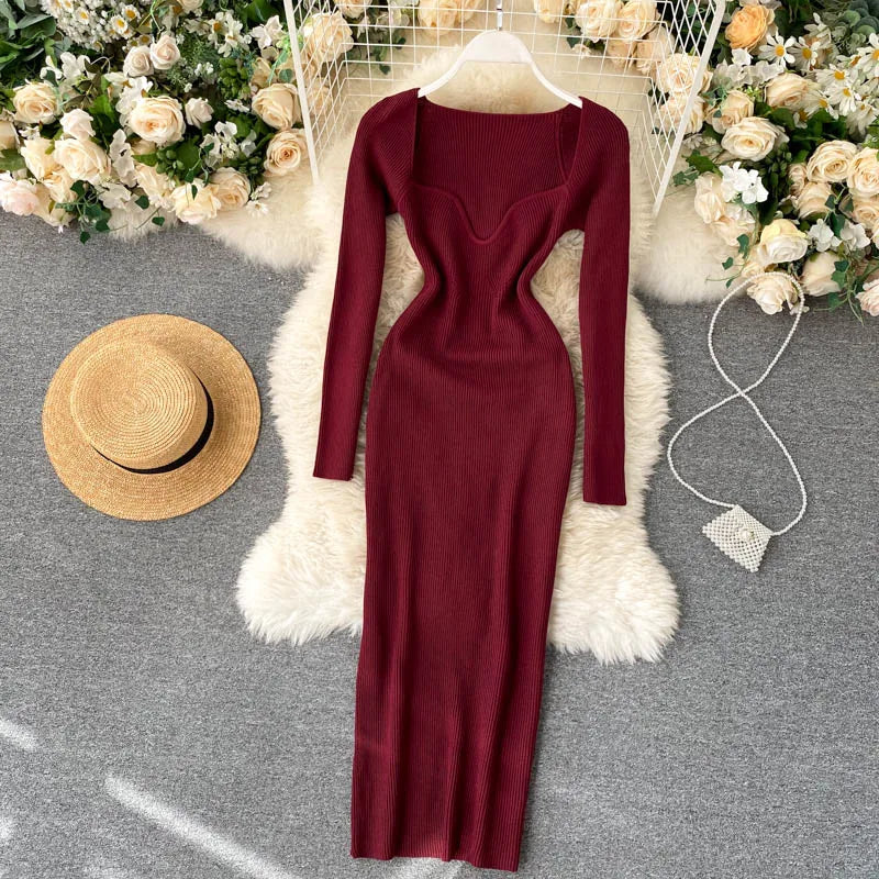 Dresses For Women 2026 Sexy Strapless Ribbed Knitted Bodycon Dress Women Winter Long Sleeve Midi Sweater Dress Clothes