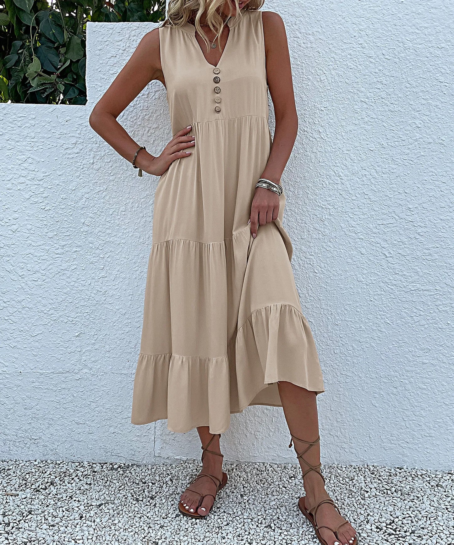 Dresses for Women 2025 Summer V-neck Single-breasted Vest Dress Sleeveless Loose Casual Solid Color Dress Vestidos De Mujer