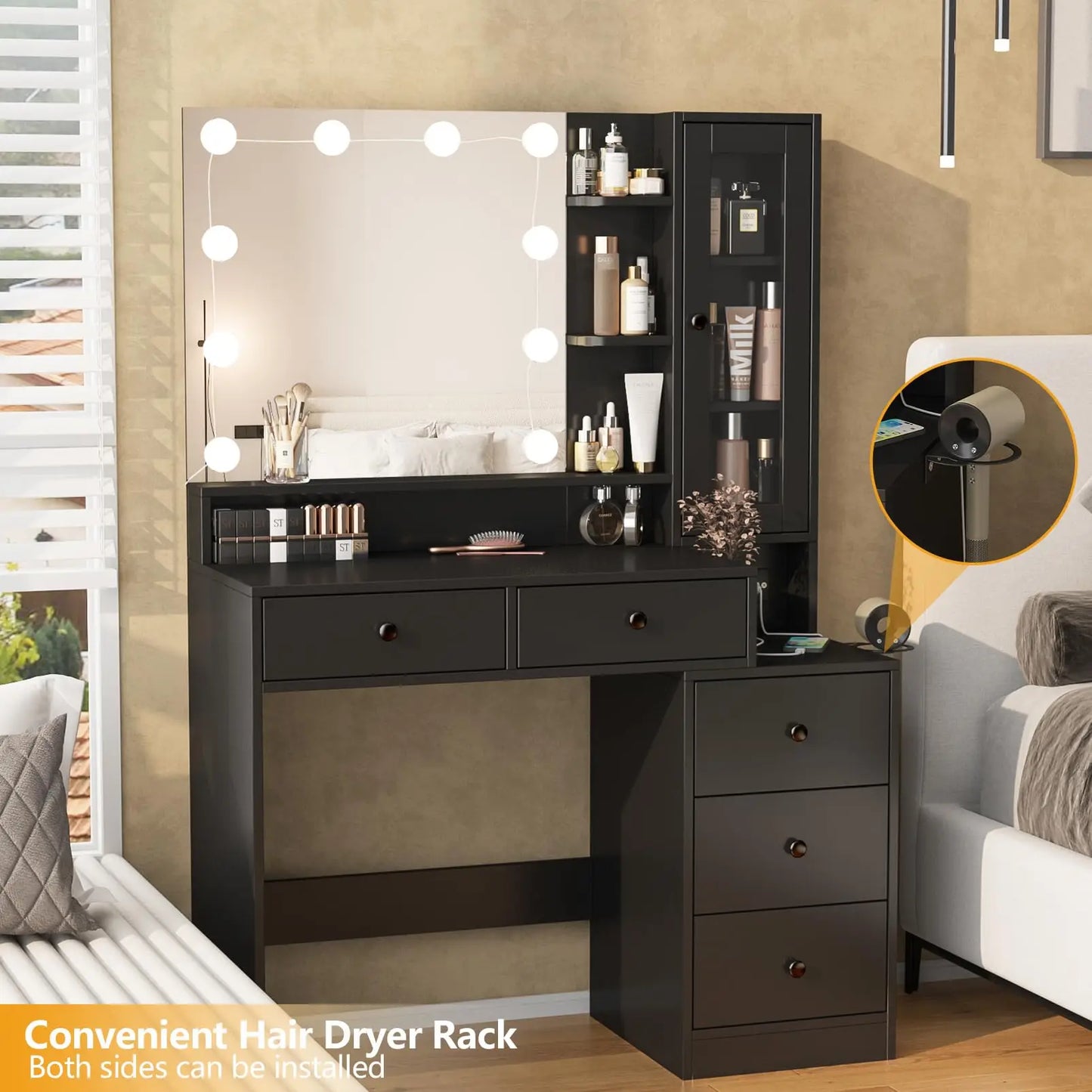 Vabches Vanity Desk with Mirror Lights Makeup Vanity Table with Power Strip&Visible Storage Cabinet Wood 5 Drawer Dressing Table