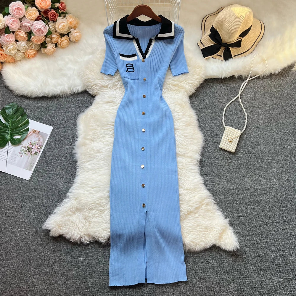 YuooMuoo Chic Fashion Sexy Package Hips Knitted Long Dress Women Brand Fashion Turn-down Collar Embroidery Bodycon Shirt Dress