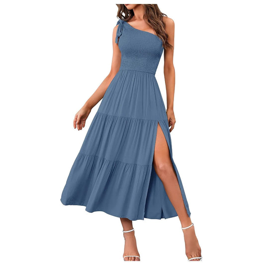 Elegant Dresses For Women Women'S Summer Casual One Shoulder Sleeveless Smocked Elastic Waist Tiered Midi Dress платье