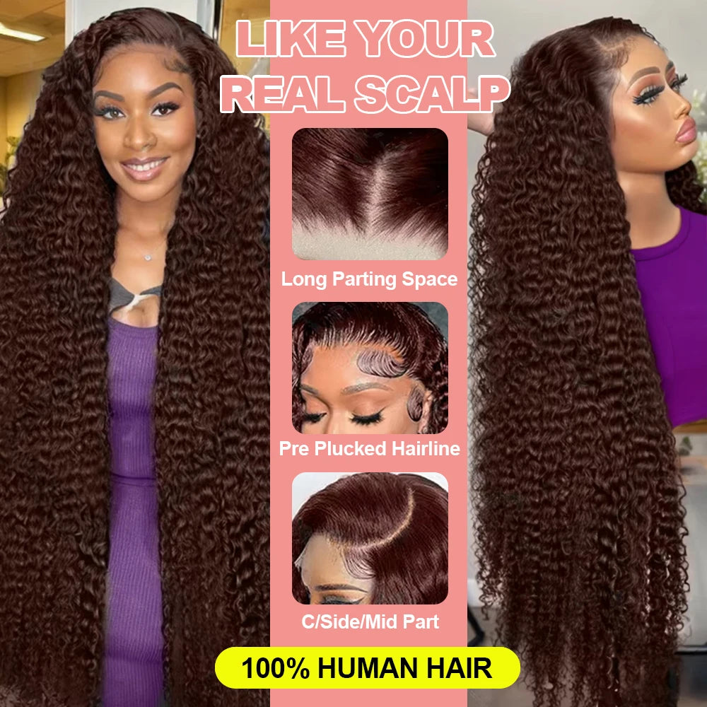 Deep Curly Human hair Wigs Chocolate Brown 13x4 13x6 Hd Lace Frontal Wig Colored Water Wave Lace Front Wig For Women 30 36 Inch