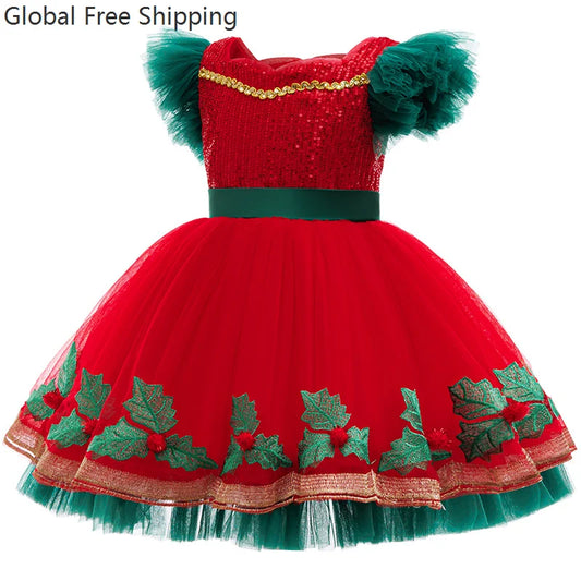 Christmas Dress For Girls Cartoon Print Cosplay Princess Dress Children's Red Green Sequined Mesh Puff Sleeve Gown Carnival Suit