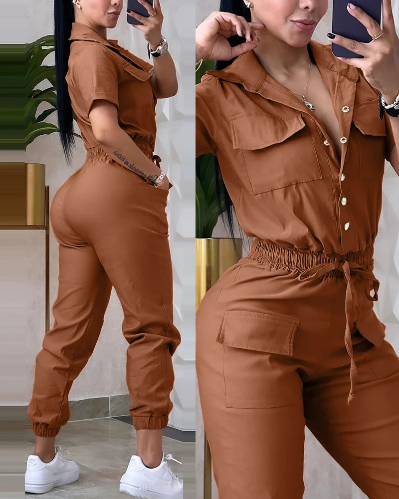 Sexy Elegant New Fashion 2024 Summer Casual Female Clothing Outfits Solid Color Short Sleeved High Waisted Workwear Jumpsuit