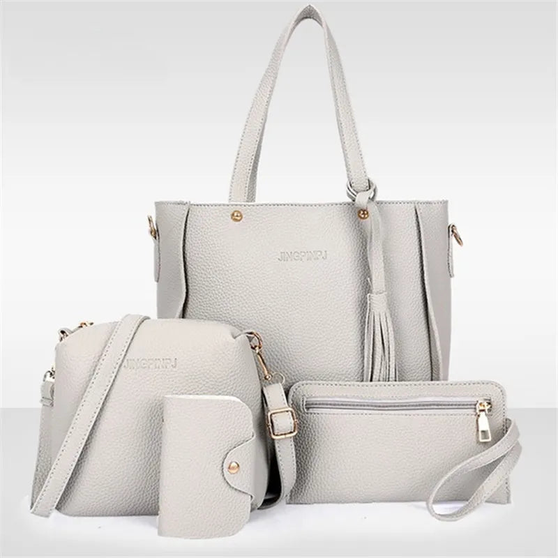 4pcs/set Tassel Bucket Women's Handbag Stylish Crossbody Bag Clutch and Wallet, Solid Color PU Shoulder Bags for Women Daily Use