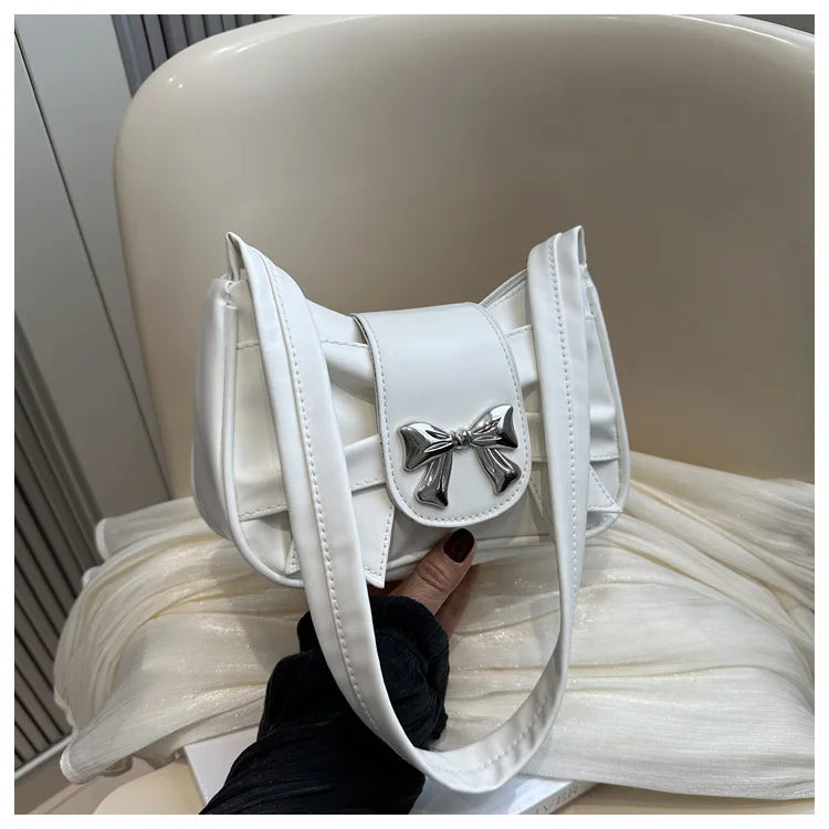 Sweet Bow Small Underarm Bag for Women Fashion PU Leather Ladies Portable Shoulder Bags Solid Color Female Clutch Handbags