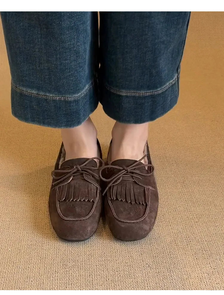 Boots for Women 2025 Hot Sale Warm Women's Flats Daily Casual Flats Women Bow Tie Fringe Round Toe Soft Bottom Boots Ladies