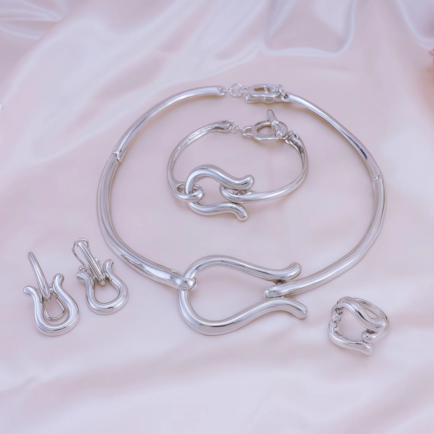 Fashion Jewelry Sets For Women Gold Color Choker Necklace Earrings Bracelets Ring Wedding Set Party Accessories