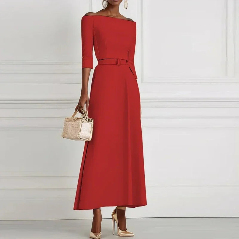 Elegant Party Dresses For Women One Shoulder Half Sleeve High Waisted A-Line Long Dress Women Offfice Dress White