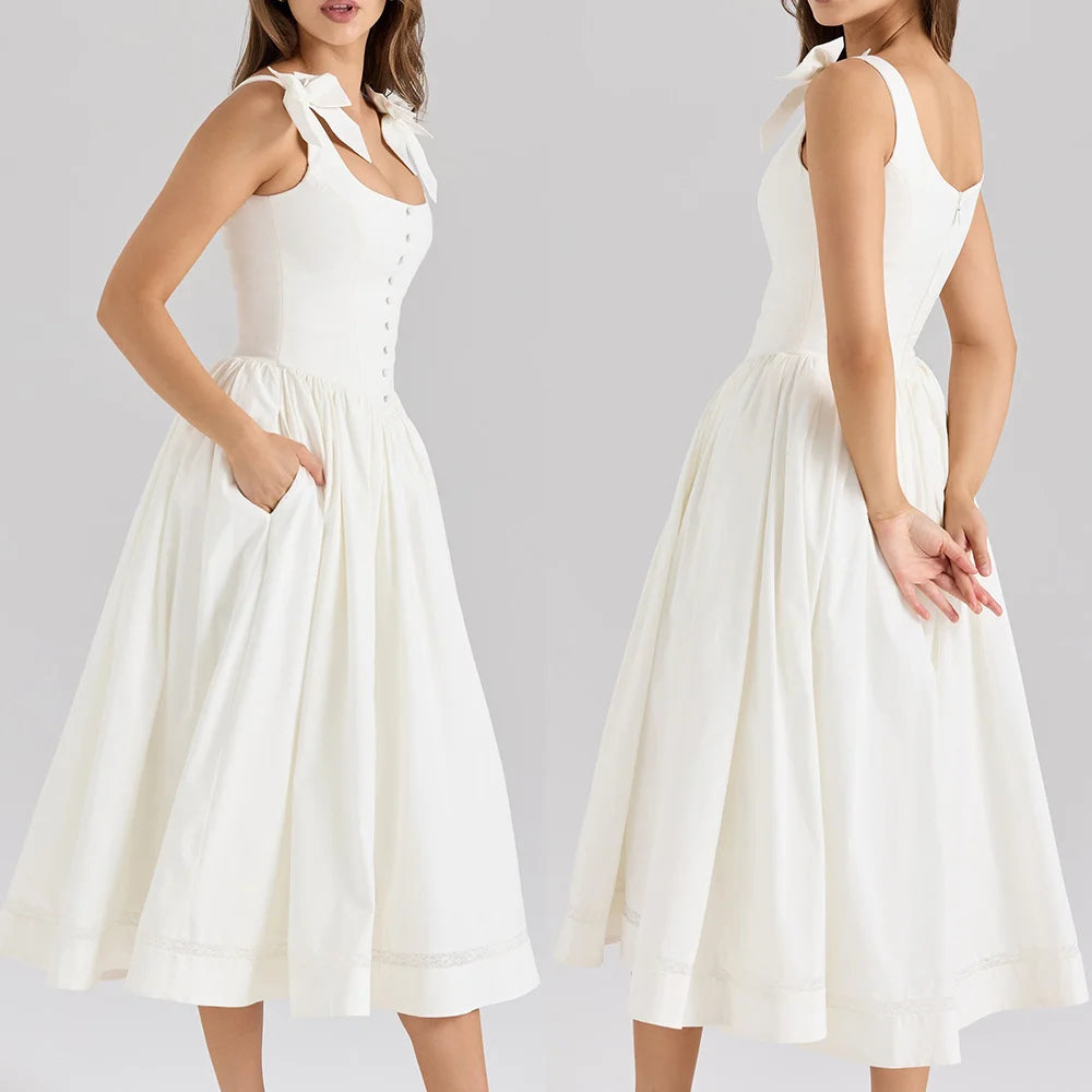 Women's Dress 2025 New Fashion Summer  White Bow Midi Dresses for Women Elegant Chic Ladies Dress