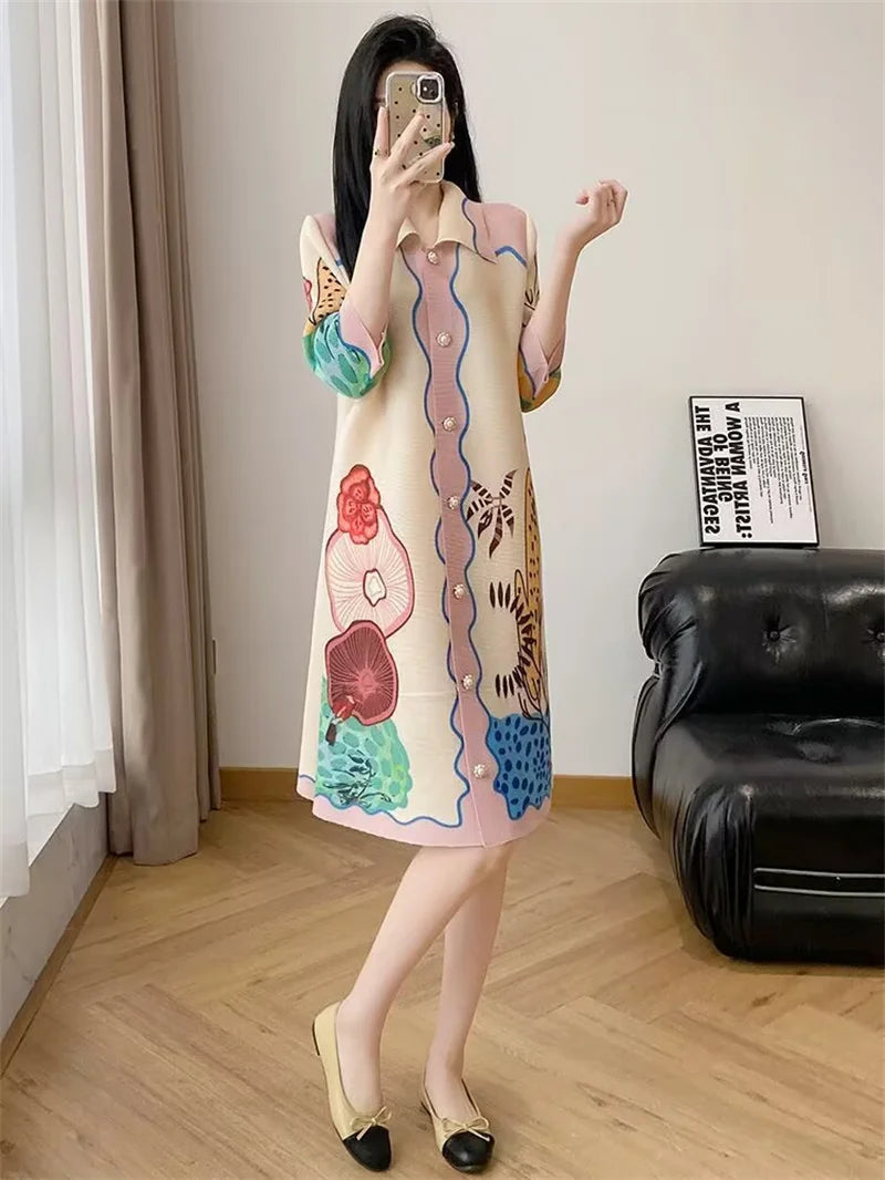 Womens Dresses Evening Dresses Beautiful Lssey Miyake Pleated Dress Summer new Fashion Lapel Loose Slim Long Print Fat mm Skirt