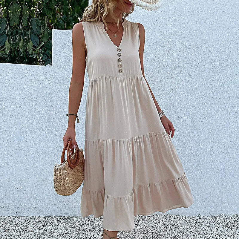 Dresses for Women 2025 Summer V-neck Single-breasted Vest Dress Sleeveless Loose Casual Solid Color Dress Vestidos De Mujer
