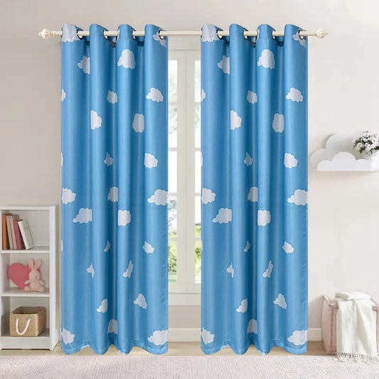 Blue Cartoon Curtains for Kids Bedroom Cloud Printed Curtains for Living Room Nursery Room Semi-Blackout Window Panel Drapes