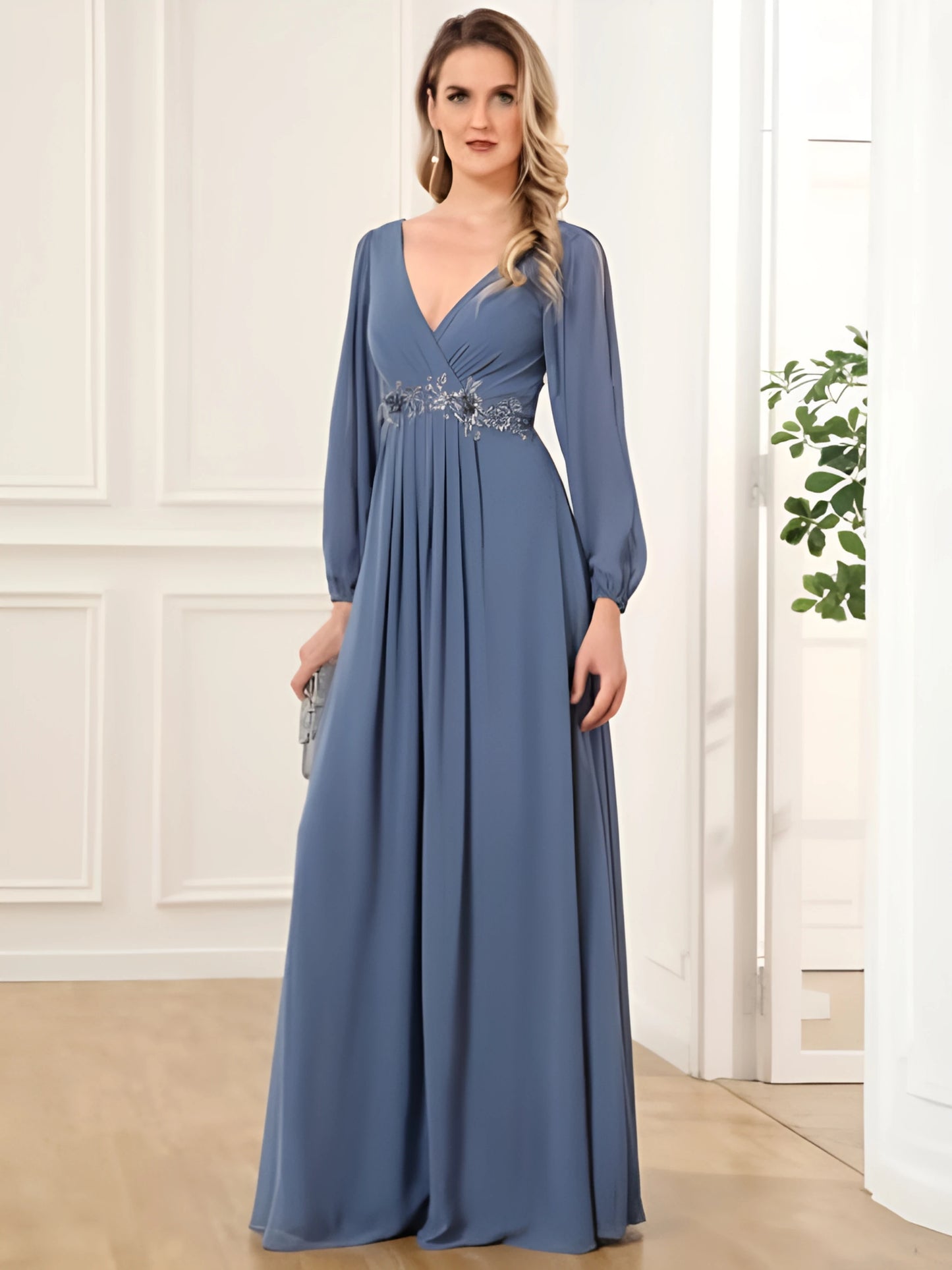 2025 Women Evening Dresses Sexy Deep V-Neck Tulle Full Sleeve Prom Gowns Appliques Empire Pleated A-Line Elegant Bridal Dress