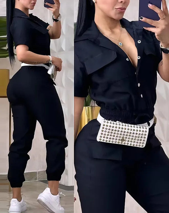 Sexy Elegant New Fashion 2024 Summer Casual Female Clothing Outfits Solid Color Short Sleeved High Waisted Workwear Jumpsuit