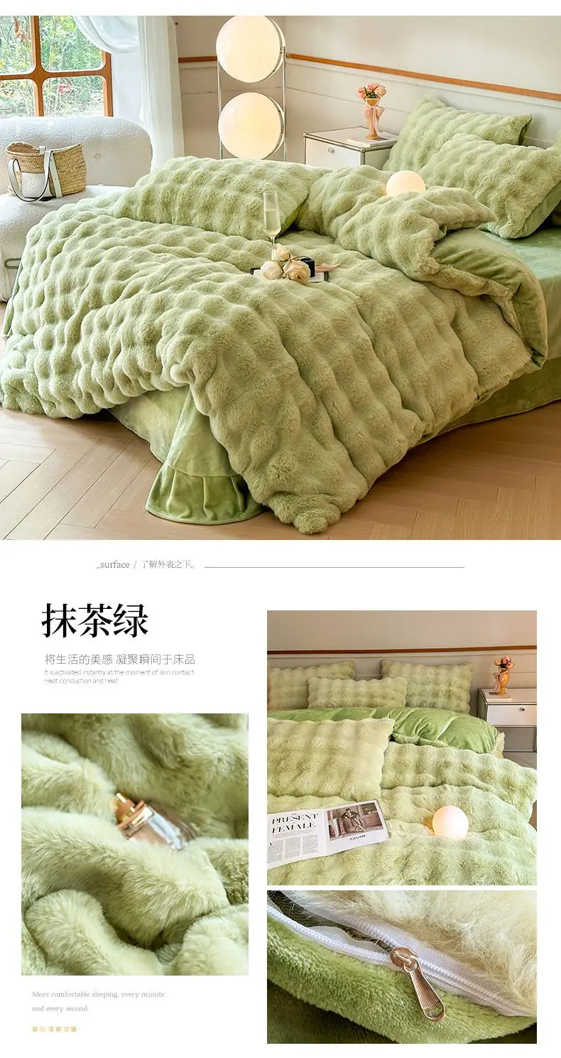 4pcs High End Rabbit Plush Bed Four Piece Set Winter Thick Warm Bubble Velvet Cover Set Lace Bed Sheet Skirt Pillowcases Bedding