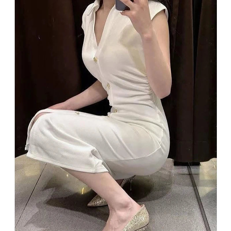 MUJER 2025 Pleated Midi Dresses for Women Sleeveless Shirt Dress Woman White Black Women's Summer Dress Draped Party Dress Women