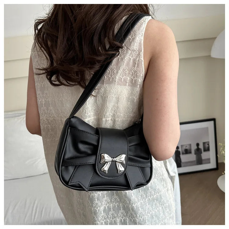 Sweet Bow Small Underarm Bag for Women Fashion PU Leather Ladies Portable Shoulder Bags Solid Color Female Clutch Handbags