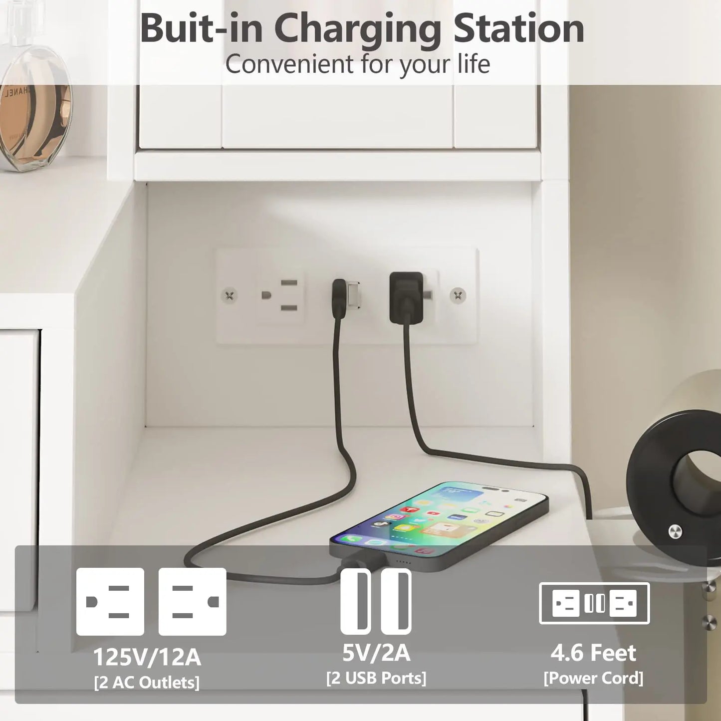 Vabches Vanity Desk with Mirror Lights Makeup Vanity Table with Power Strip&Visible Storage Cabinet Wood 5 Drawer Dressing Table