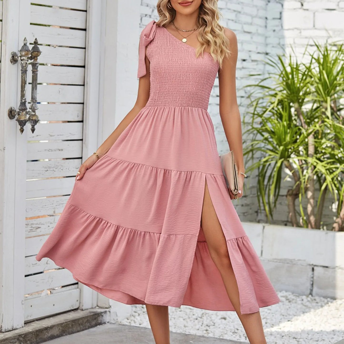Elegant Dresses For Women Women'S Summer Casual One Shoulder Sleeveless Smocked Elastic Waist Tiered Midi Dress платье