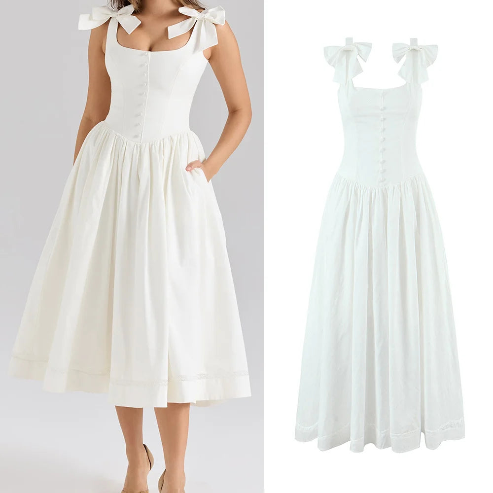 Women's Dress 2025 New Fashion Summer  White Bow Midi Dresses for Women Elegant Chic Ladies Dress