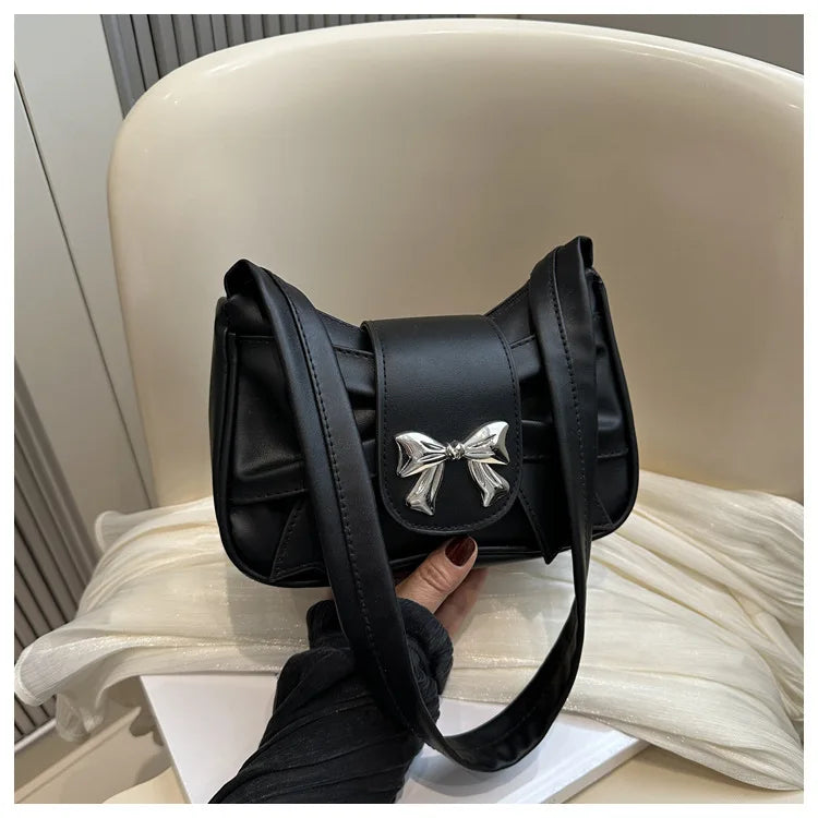Sweet Bow Small Underarm Bag for Women Fashion PU Leather Ladies Portable Shoulder Bags Solid Color Female Clutch Handbags