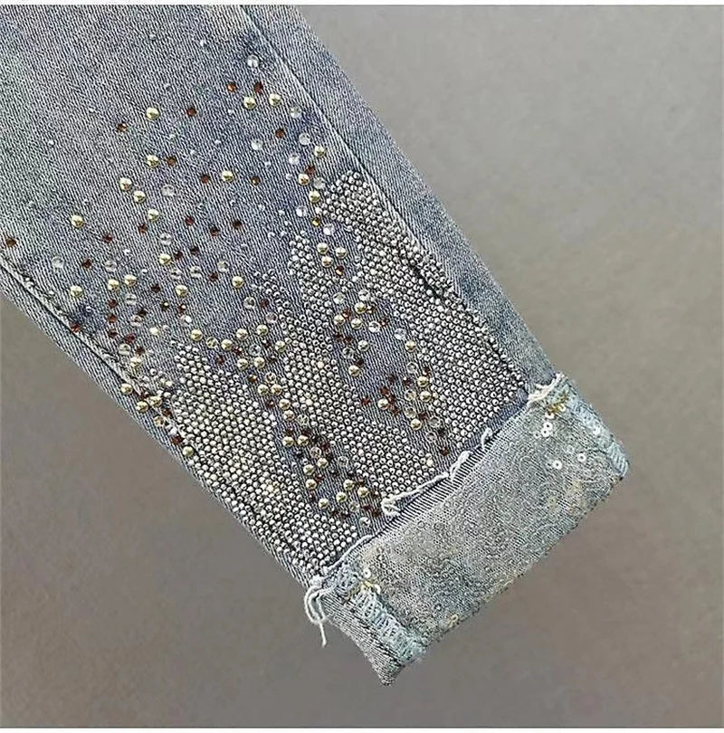 2025 Ladies Jeans Heavy Industry Rhinestone Skinny Jeans Women Spring Summer High Waist Denim Pants Korean Street Stretch Pants