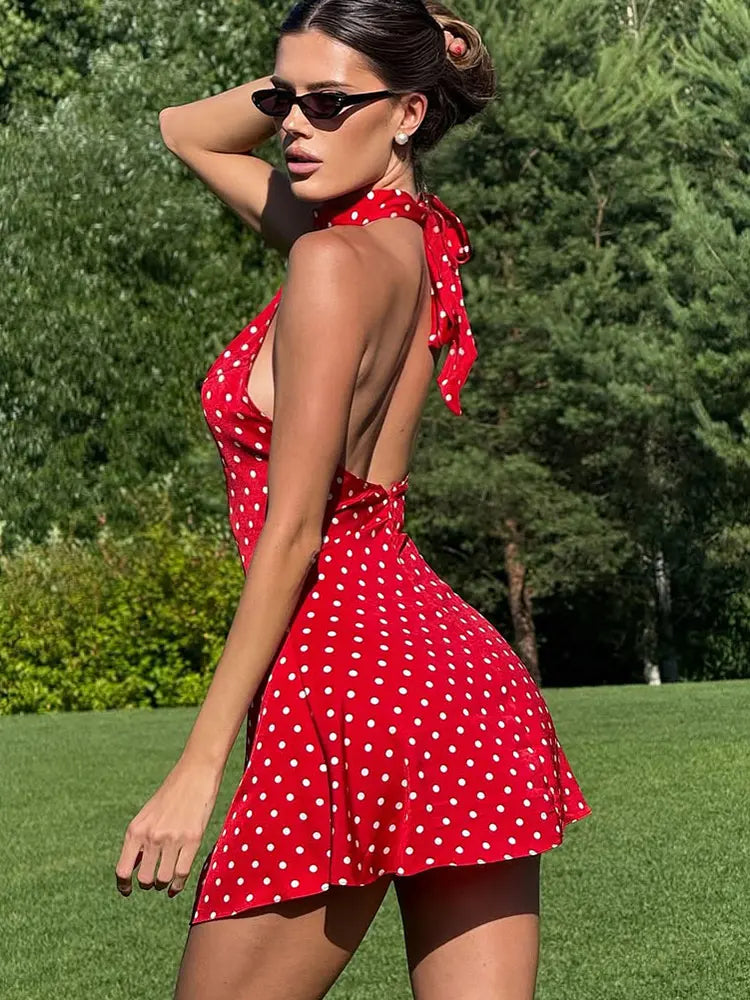 Women's Dresses New Summer Streetwear Fashion Dot Print Halter Dress Sexy Sleeveless Backless Elegant Female Dresses Clothing