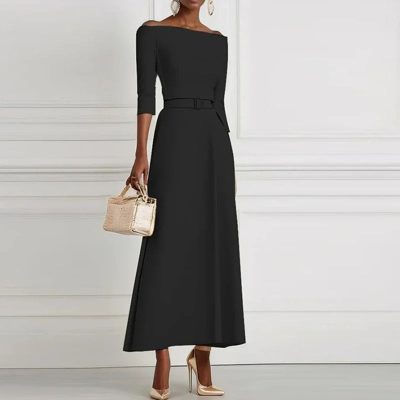 Elegant Party Dresses For Women One Shoulder Half Sleeve High Waisted A-Line Long Dress Women Offfice Dress White