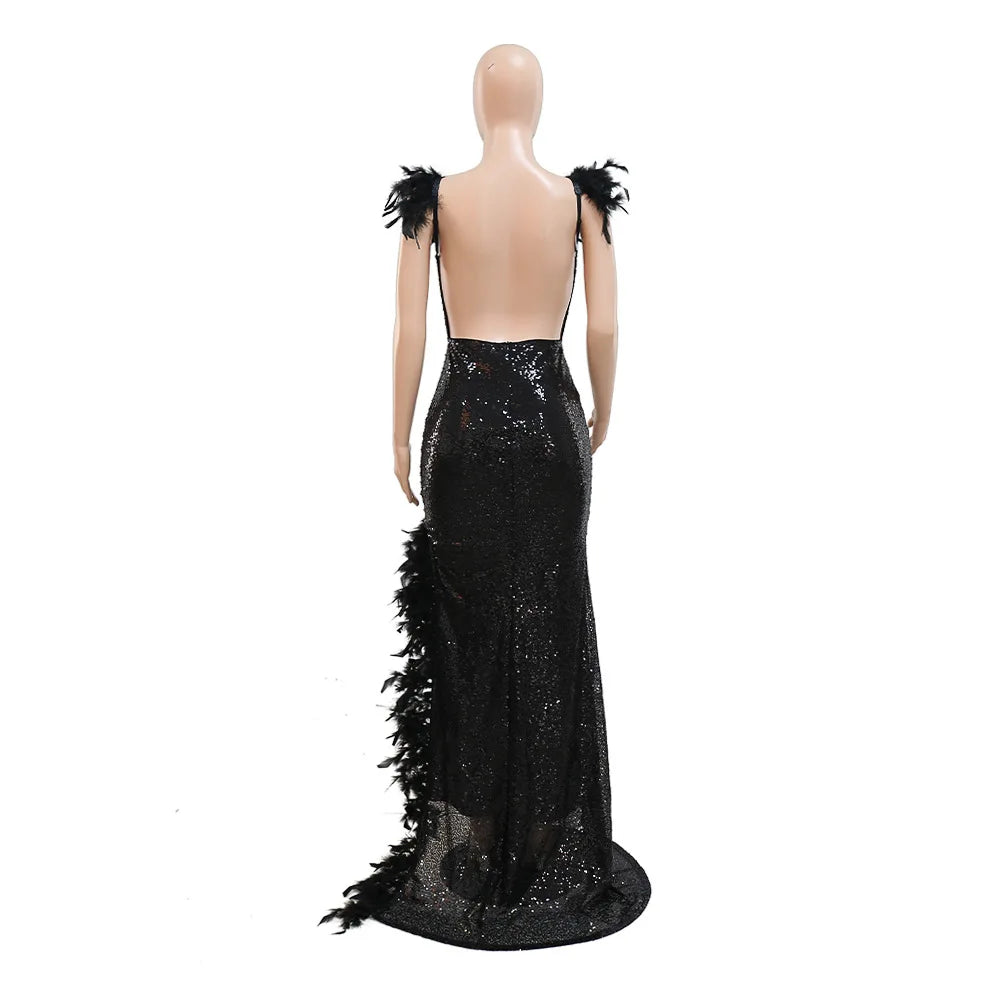 Dress Floor Length Dresses Women Party Gown Sequin Feather Hip Wrap Sexy Slim Fit Vestidos Sleeveless V Neck Backless Evening