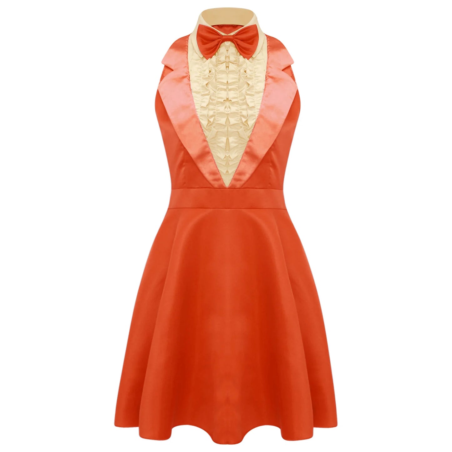 Womens 70s 80s Dumber Maid Dresses Lapel Ruffled Chest A-line Dress And Bowtie Rave Outfits Halloween Waitress Cosplay Costume