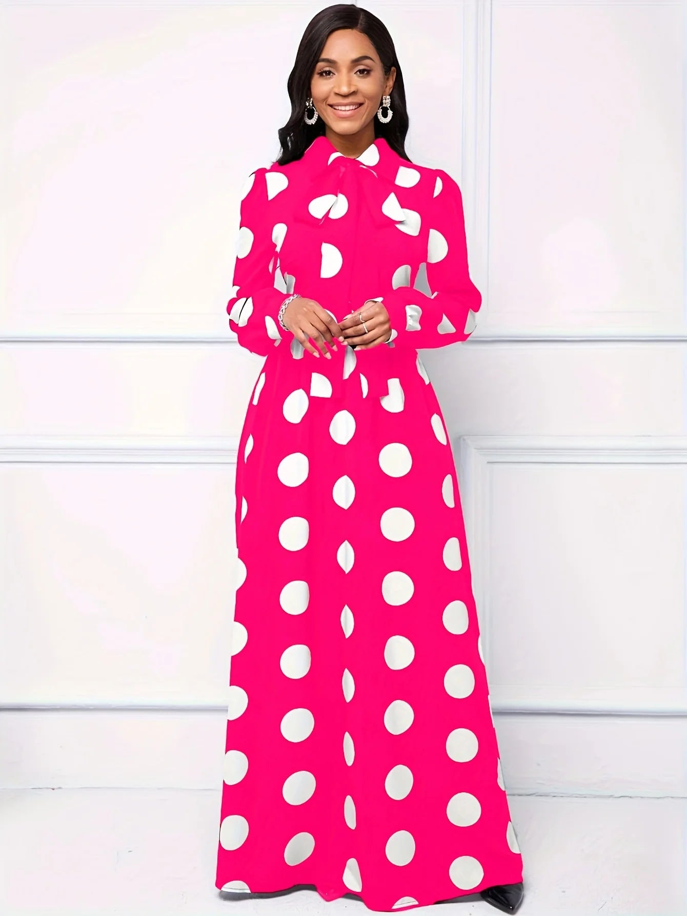Casual Dresses Elegant Women Long Dress Sleeve Female Robe Bow Knot Polka Dots Girl's Vestidos Lady's Maxi Dresses
