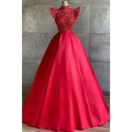 Gorgeous Red Lace Evening Dresses Elegant Women Sleeveless Floor Length Gowns Luxuy A-Line Formal Occasion Prom Dress Vestidos
