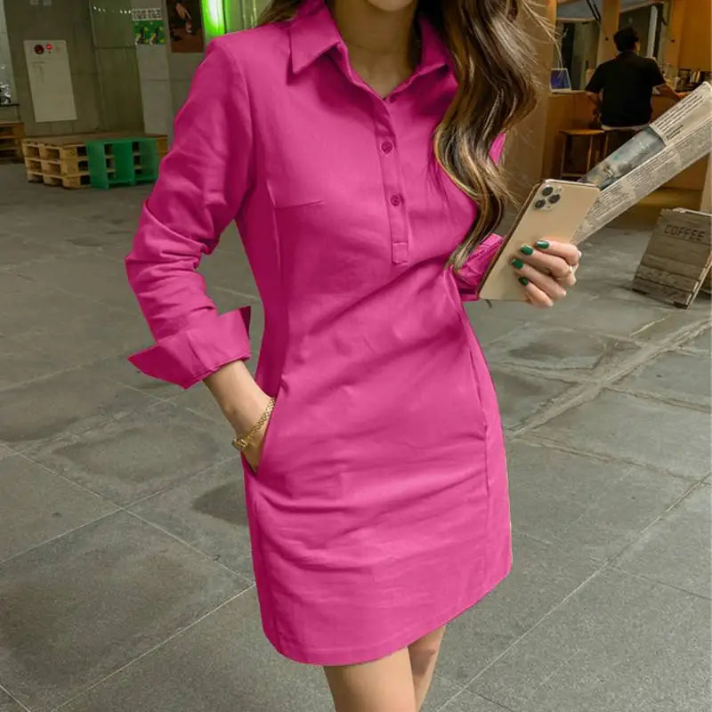 VONDA 2025 Summer Shirt Dress Women Elegant Long Sleeve Solid Color Sundress Casual Loose Buttons Pockets Short Mini Vestidos