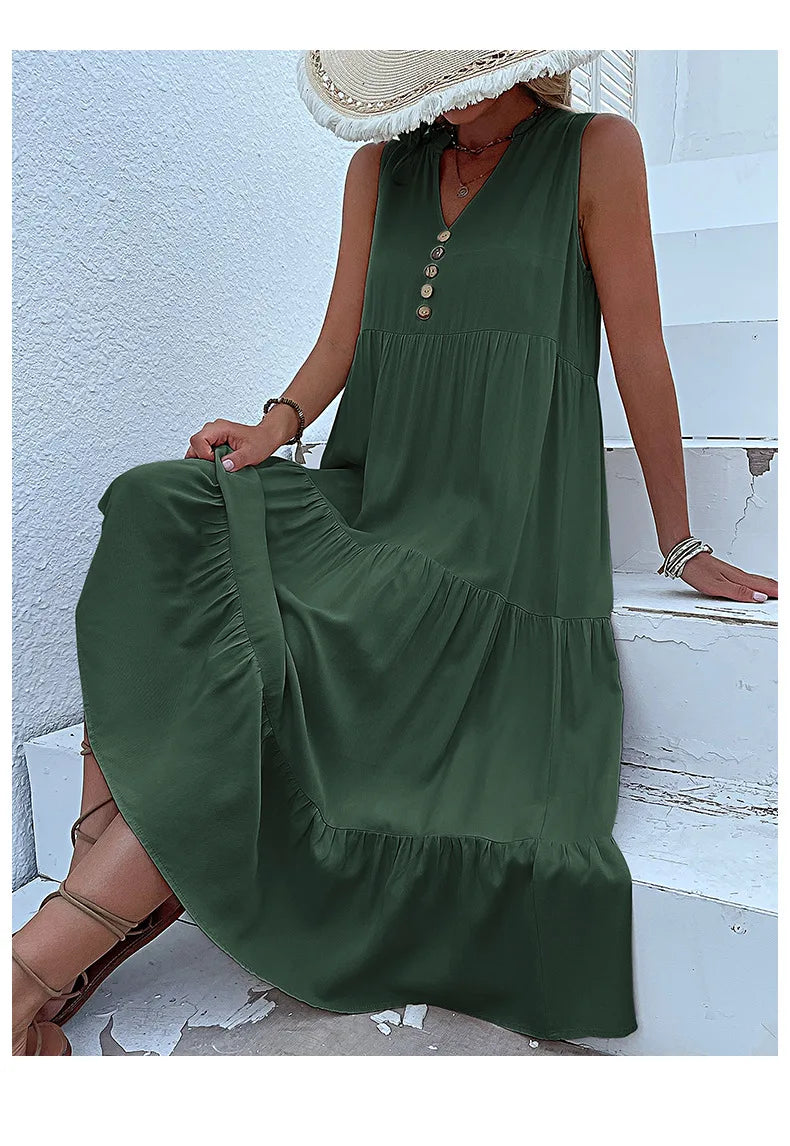 Dresses for Women 2025 Summer V-neck Single-breasted Vest Dress Sleeveless Loose Casual Solid Color Dress Vestidos De Mujer