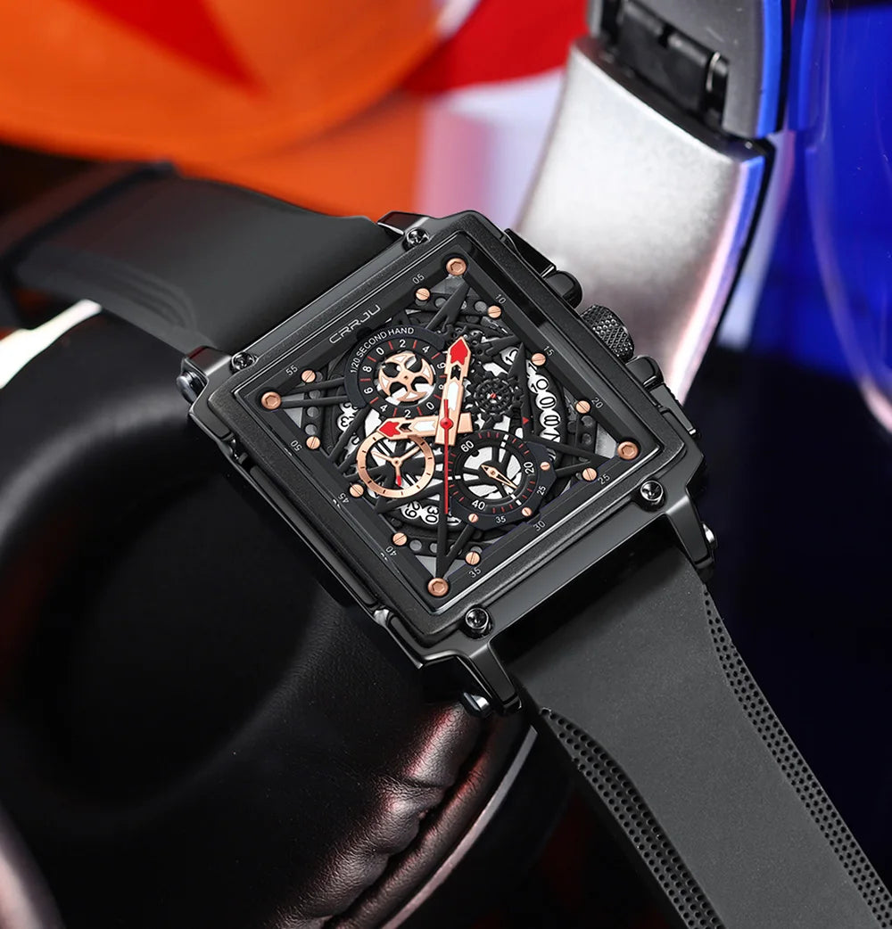 CRRJU Fashion Sports Watches with Large Dial Unique RectangularHollow Design Quartz Wristwatches with Chrongraph Auto Date