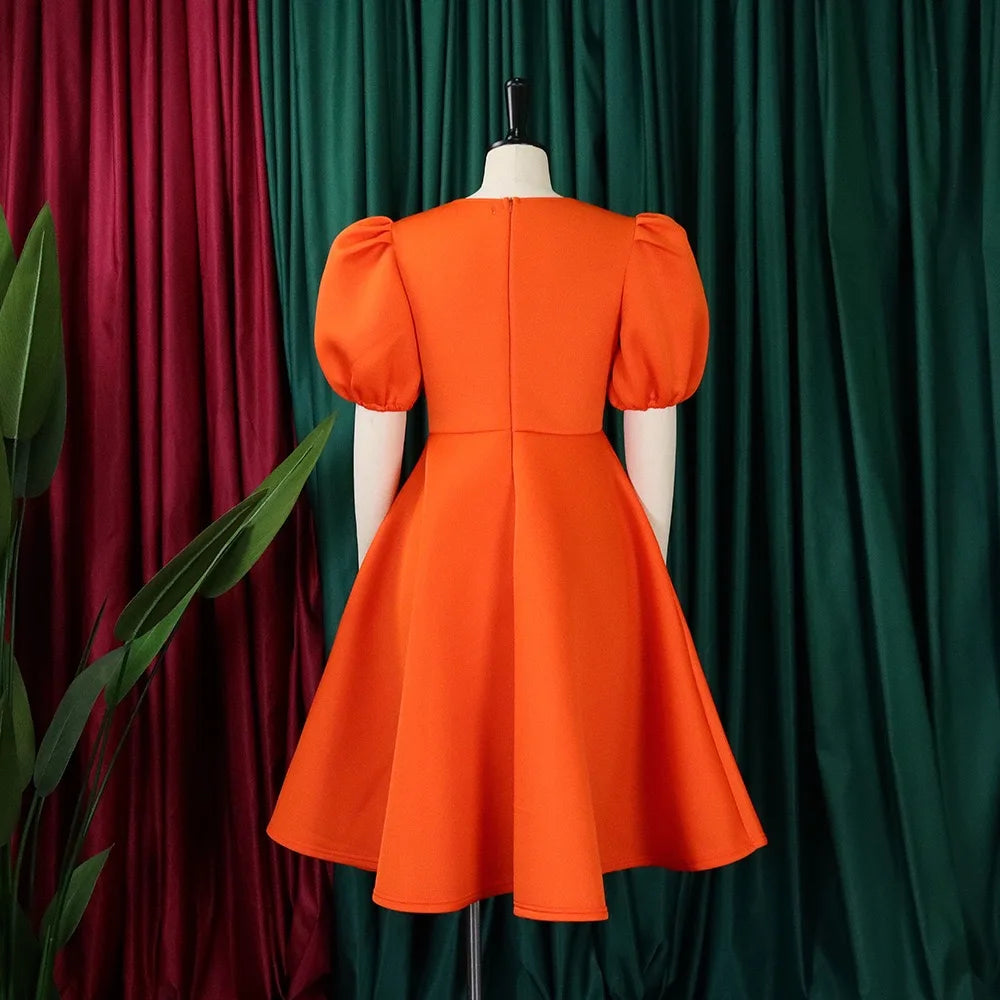 Elegant Party Dresses for Women O Neck Short Sleeve High Waisted Pleated Knee Length Fashion Ladies Birthday Dinner Vestidos Hot